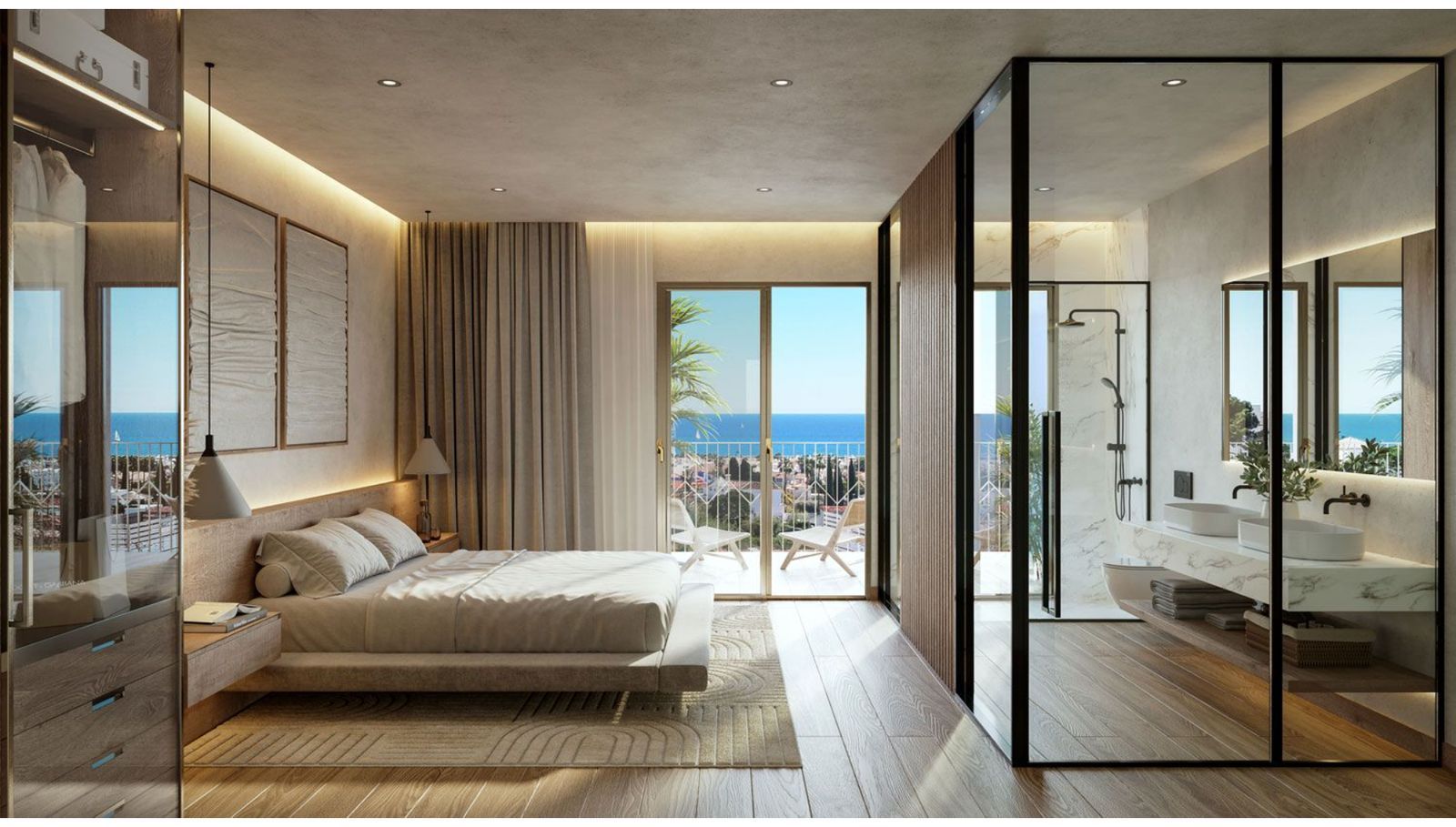 Luxe slaapkamer en badkamer met uitzicht op zee bij Art Marina.