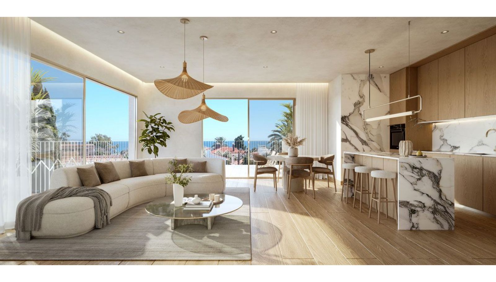 Modern appartement met open woon-, eet- en keukenruimte en uitzicht.