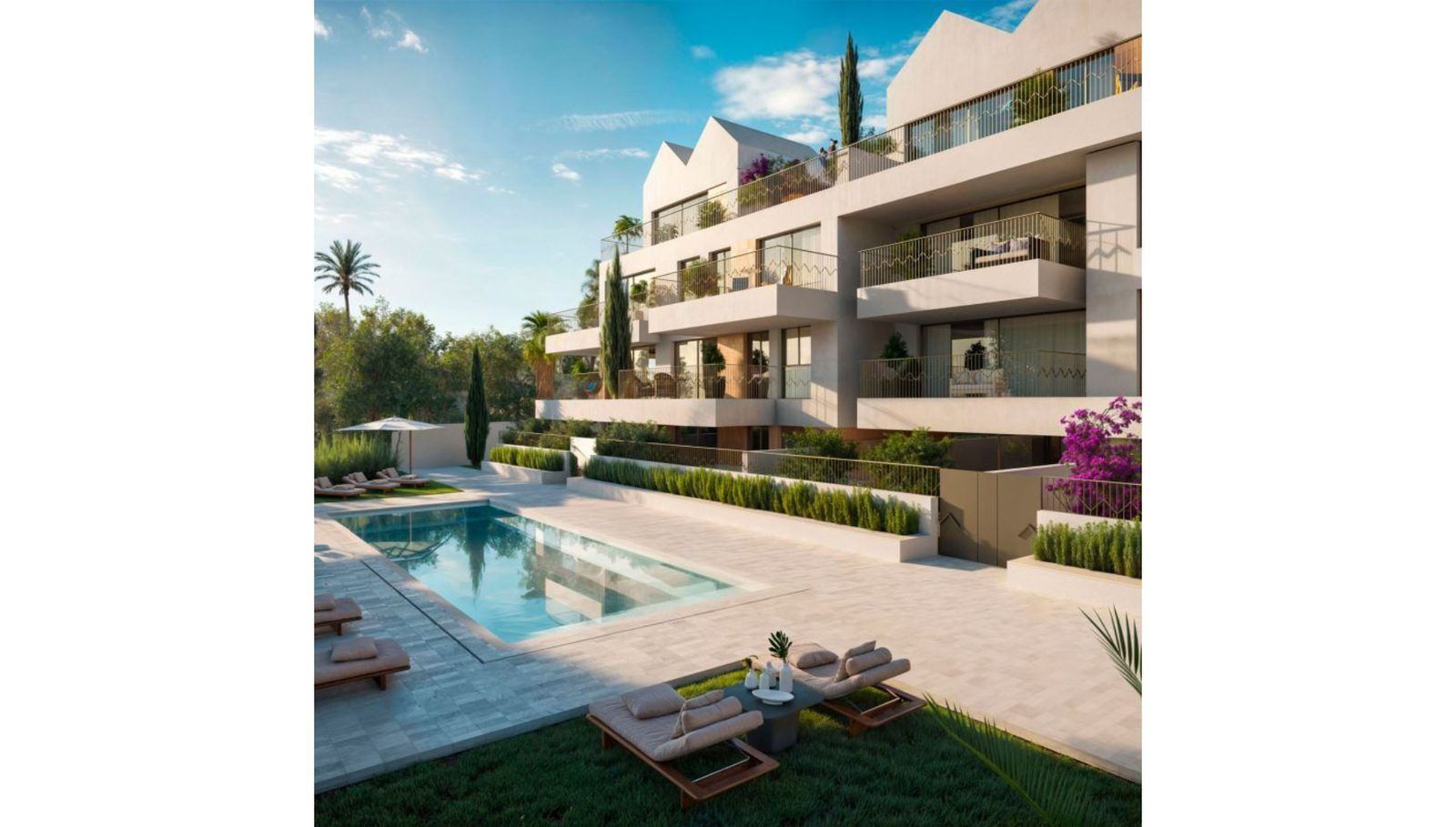 Luxe appartementencomplex Art Marina met zwembad en groene omgeving.